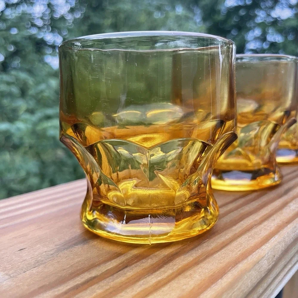 Vintage Georgian Amber Rocks Glasses Set 4 Lowball Tumblers Retro Barware